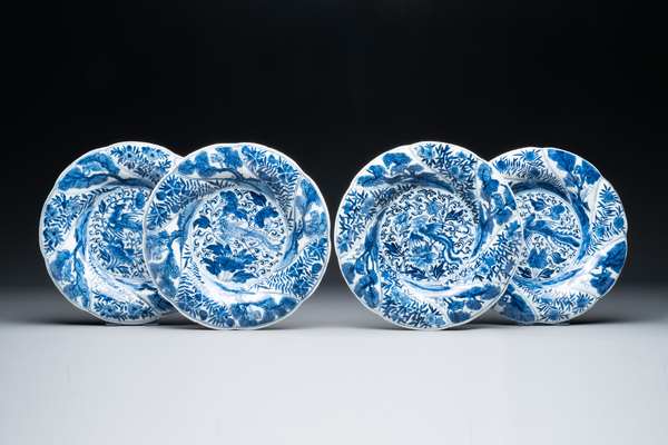 Four Chinese Blue And White Lobed Phoenix And Monkey Plates Flower