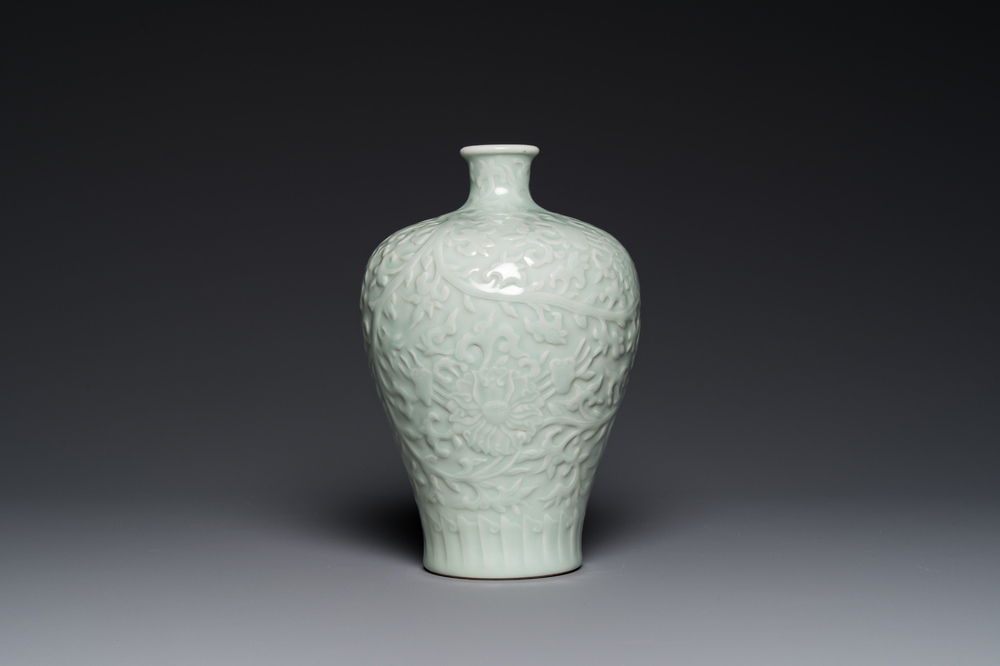 A Chinese Celadon Glazed Lotus Scroll Meiping Vase Kangxi Mark