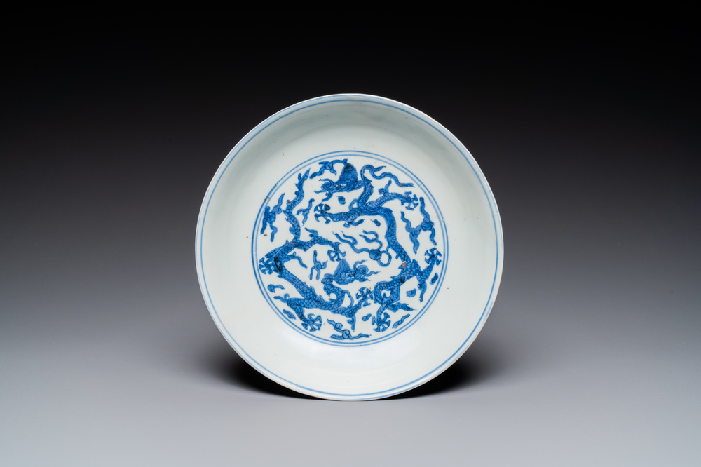 A Chinese Blue And White Dragon Dish Jiajing Mark And Of The Period