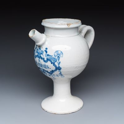 A very rare blue and white Brussels faience wet drug or syrup jar inscribed 'S. IVIVBINIS', ca. 1700