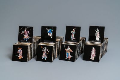 106 polychrome black-ground Dutch Delft tiles with Chinese figures, Makkum, 1985