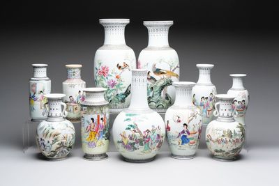 11 Chinese famille rose vases, Guang Hua Yi Pin 光華藝品, Qianlong and Jingdezhen marks, 20th C.