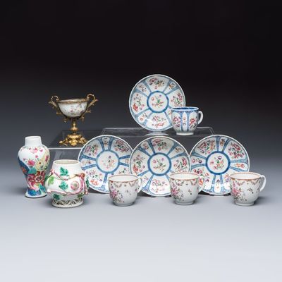 11 Chinese famille rose wares, one with gilt-bronze mounts, Yongzheng/Qianlong