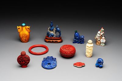11 Chinese lacquer, carved stone and porcelain wares, 20th C.