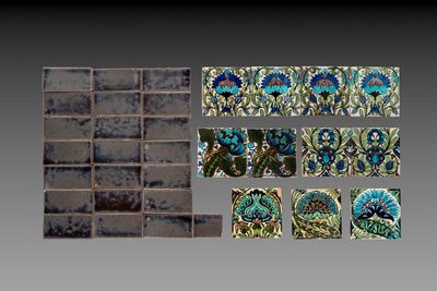 11 William de Morgan Persian-style tiles with floral design and 22 Poole pottery border tiles, 19/20th C.