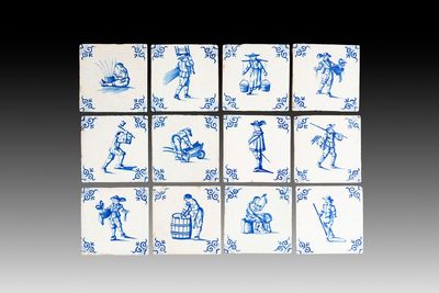 12 blue and white Dutch Delft 'crafts' tiles, 17th C.