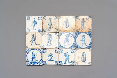 12 blue and white Dutch Delft tiles with large figures, 17th C.