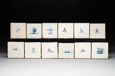 12 blue and white Dutch Delft tiles without corner motifs, 17th C.