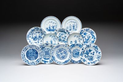12 Chinese blue and white plates with figural and floral design, 18th C.