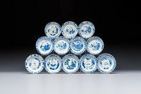 12 Chinese blue and white saucers with figural design, lingzhi and Chenghua marks, Kangxi