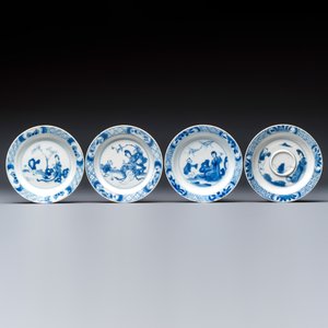 12 Chinese blue and white saucers with figural design, lingzhi and Chenghua marks, Kangxi — photo 2