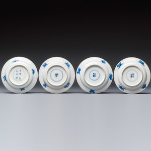 12 Chinese blue and white saucers with figural design, lingzhi and Chenghua marks, Kangxi — photo 3