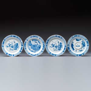 12 Chinese blue and white saucers with figural design, lingzhi and Chenghua marks, Kangxi — photo 4