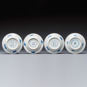 12 Chinese blue and white saucers with figural design, lingzhi and Chenghua marks, Kangxi — photo 5