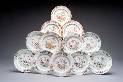 12 Chinese famille rose and gilt-decorated plates with floral design, Qianlong
