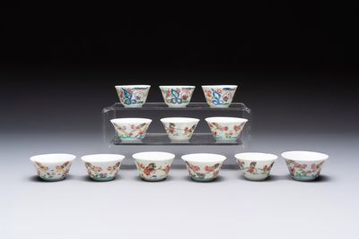 12 Chinese famille rose 'rooster' cups, Yongzheng/Qianlong