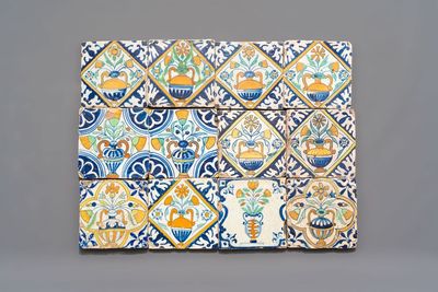 12 polychrome Dutch Delft 'flower vase' tiles, ca. 1600
