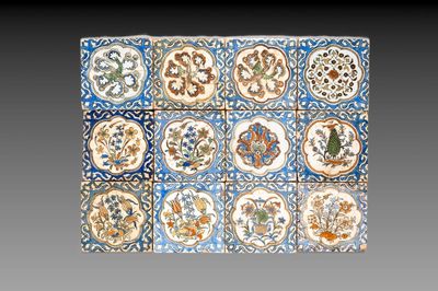 12 polychrome Kubachi pottery tiles with floral design, Dagestan, 19th C.