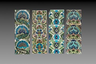 12 polychrome William de Morgan Persian-style tiles, 19th C.