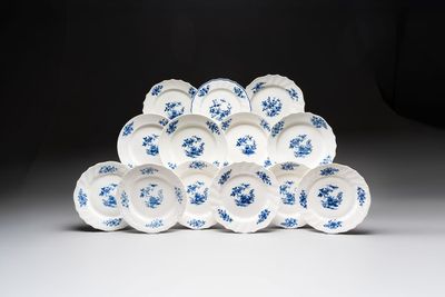 13 blue and white Tournai porcelain plates with floral design, 18/19th C.
