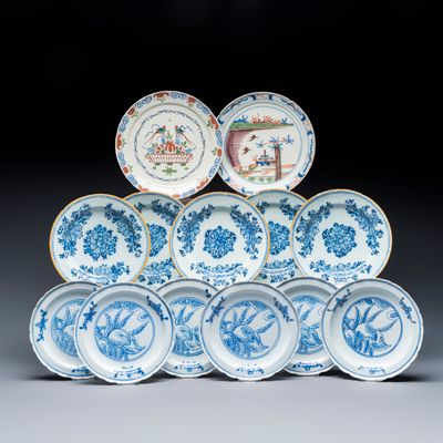 13 blue, white and polychrome Dutch Delft plates, 18/19th C.