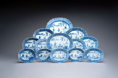 13 Chinese blue and white 'Xi Xiang Ji' serving dishes, Qianlong