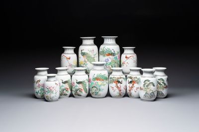 13 Chinese famille rose lantern-shaped vases, 20th C.