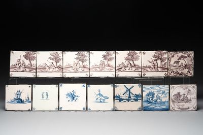 14 blue, white and manganese Dutch Delft tiles, 18th C.