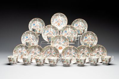 14 Chinese Canton famille rose 'Wu Shuang Pu-style' cups and saucers, 19th C.