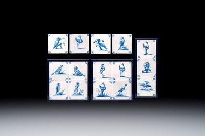 15 blue and white Dutch Delft tiles with large birds, 17th C.