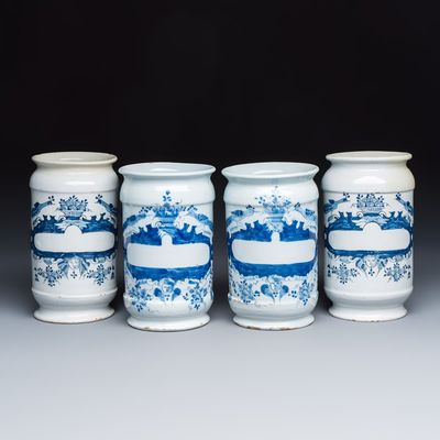 Four blue and white Dutch Delft albarello-type apothecary jars, 18th C.