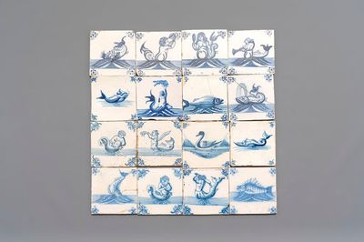 16 blue and white Dutch Delft 'sea creature' tiles, 18th C.