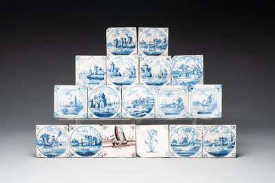 16 blue and white Dutch Delft tiles and one manganese 'ship' tile, 18th C.