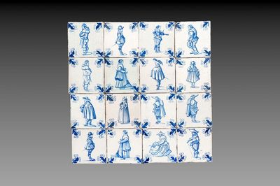 16 blue and white Dutch Delft tiles with oak leaf corners, 17th C.