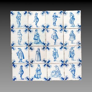 16 blue and white Dutch Delft tiles with oak leaf corners, 17th C. — 照片 1