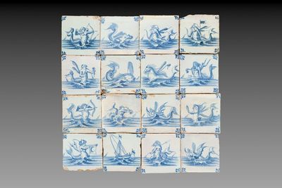 16 blue and white 'sea creatures' and 'ship' tiles, Ghent, 18th C.