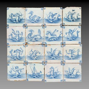 16 blue and white 'sea creatures' and 'ship' tiles, Ghent, 18th C. — 照片 1