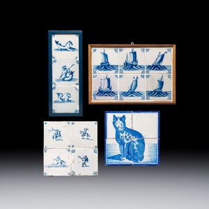 17 blue and white Dutch Delft tiles with sea monsters, ships, a cat and various figures, 17th C. and later — photo 1