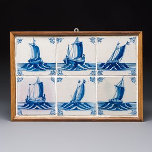 17 blue and white Dutch Delft tiles with sea monsters, ships, a cat and various figures, 17th C. and later — photo 2