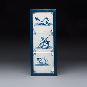 17 blue and white Dutch Delft tiles with sea monsters, ships, a cat and various figures, 17th C. and later — photo 4