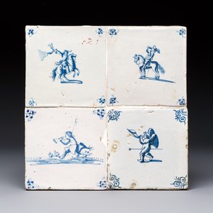 17 blue and white Dutch Delft tiles with sea monsters, ships, a cat and various figures, 17th C. and later — photo 6