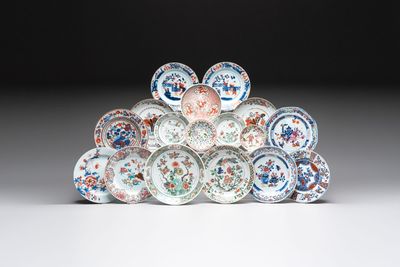 17 Chinese famille rose, Imari-style and European-decorated plates and saucers, Kangxi/Qianlong