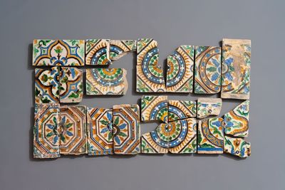 17 polychrome ceiling tiles and fragments, Spain, 16th C.
