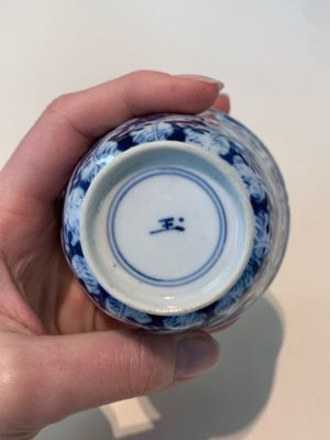 18 Chinese blue and white cups and 16 saucers with floral design, jade mark, Kangxi — photo 52