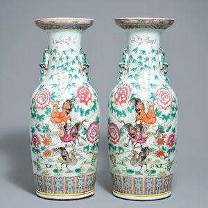 19世纪 粉彩花鸟纹瓶 一对 — 照片 3