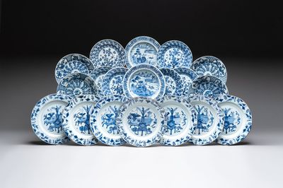 19 Chinese blue and white plates with antiquities, floral, and landscape design, Kangxi