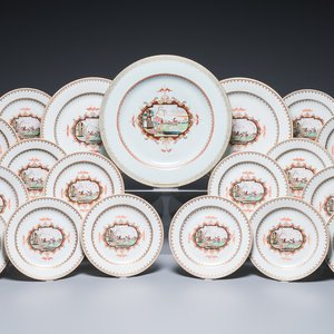 19 Chinese famille rose Meissen-stijl borden en schotels met decor van een ruiter, Qianlong — foto 1
