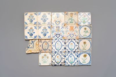 19 polychrome Dutch Delft tiles with floral design, 17th C.