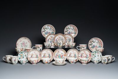 19 tasses et 15 soucoupes en porcelaine de Chine famille rose, Qianlong