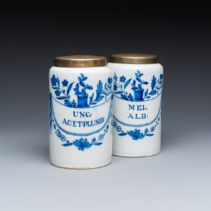 A pair of blue and white Dutch Delft albarelli-type apothecary jars — photo 1